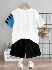 SHEIN Leap Crew 2 件幼儿男童休闲简约圆领短袖 T 恤和短裤套装，适合夏季 - 彩色 - 查看 4