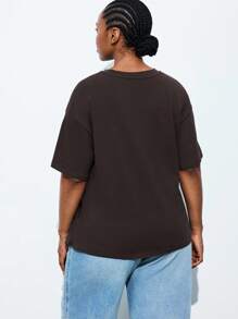 Maija Plus Size Women's Cotton Round Neck Short Sleeve T-Shirt, With Metal Ring Design On Front Waist, Business Casual Basic Top,For Vintage Women Old Money Teacher For Women Romantic, Fashion, Versatile Summer Women Party Top Beach Holiday Vacation Going Out Graduation Elegant Women's Blouses Casual Blouses Formal Attire Work Office For Women - Brown - View 2