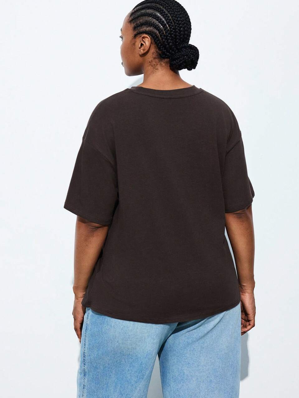 SHEIN Maija Plus Size Women's Cotton Brown T-Shirt,Metal Ring Design,Summer Everyday Smart Casual Round Neck Short Sleeve Top,Business Vintage Elegant Blouses