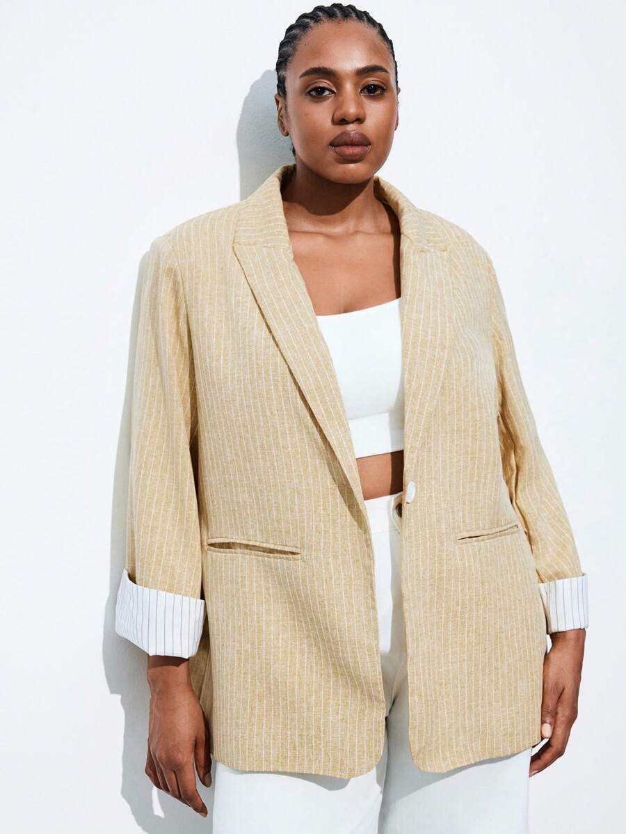 Maija 大码女式条纹长袖拼布翻领西装外套,优雅时尚性感,适合音乐节和日常外出。搭配无袖背心和条纹裤,适合商务通勤、办公室穿着,复古风格,适合女士商务休闲装、教师装、女士工作服、秋冬婚礼宾客礼服。 - 黃色 - 查看 1