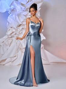 Glamrae Váy satin sang trọng quyến rũ không tay màu xám xanh lấp lánh với đá quý đính ở eo xoắn, viền đuôi cá xẻ tà bên hông, thích hợp cho các buổi hẹn hò, bãi biển, sinh nhật, tiệc tùng, đám cưới, tốt nghiệp, vũ hội - Xám Xanh - Xem 8