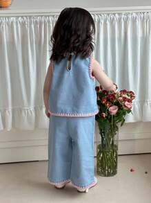 Hapijoa Ensemble blouse sans manches avec ligne décorative style coréen + pantalon large et ample en jean pour tout-petites filles - Jean clair - Voir 2
