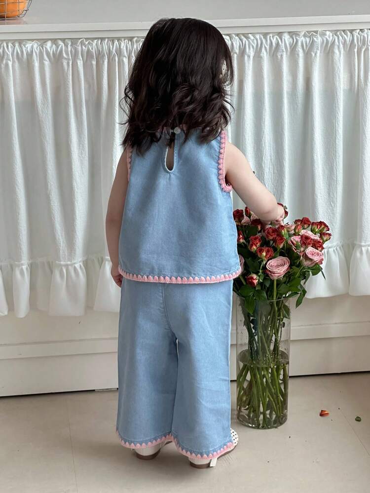 Toddler Girls Decorative Line Splice Korean Style Sleeveless Blouse + Loose Wide-Leg Jeans Pants Set