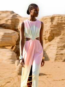 Lumivelle Robe midi fendue à volants et à col en V style pastoral fleuri pour femmes - Multicolore - Voir 4