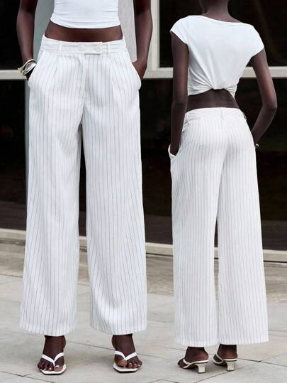 Lumivelle SummerOldMoney Women Women's Autumn Vintage Coin Striped Straight Leg Pants, Lightweight Wide Leg Loose Casual Trousers For Urban Commute, Black & White Thin Striped Minimalist Loose Wide Leg Pants For Summer, Loose Low Waist Straight Leg Pants For Women Summer 2025 New Wide Leg Relaxed Fit Casual Pants Fall Cloth For Women