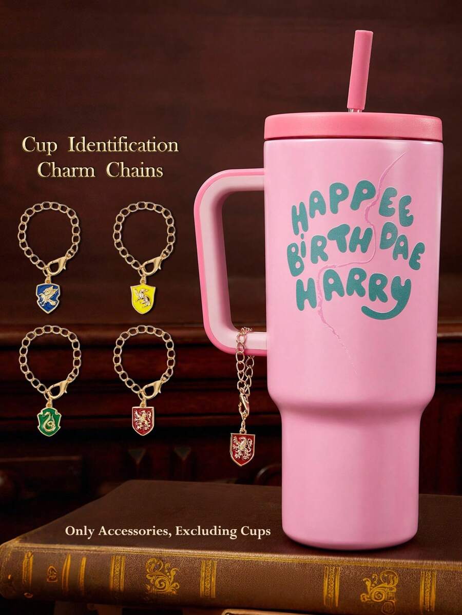 HARRY POTTER X SHEIN 4 Pcs Fashionable Zinc Alloy Movie Cup Name Tag Charms, & & , Cup Handle Accessories Personalized Keychain Pendant, Suitable For Mugs, Water Bottles, Office, Home, Birthday Party,Valentine's Day, Back To School