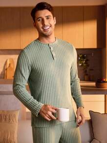 Manfinity Underwear&Sleepwear Basics 男士纯色罗纹针织上衣和裤子睡衣套装，秋冬服装，舒适保暖