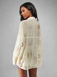 MISSGUIDED Elegant Beaded Sequin Button Down Shirt Long Sleeve Collared Blouse Dressy Oversized Fall Winter Party Holiday Festival Evening Wear - Coffee Brown - View 2