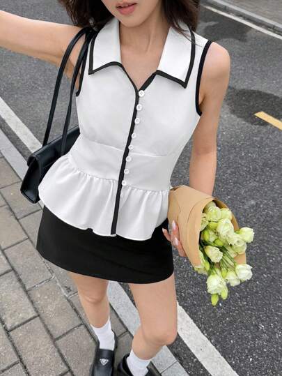 少女夏季休闲日常撞色翻领单排扣无袖荷叶边上衣