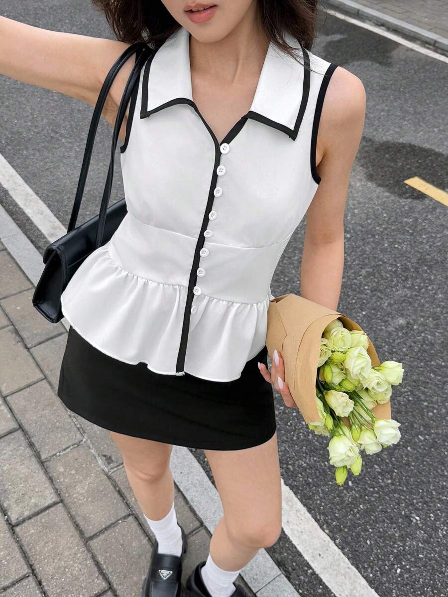 少女夏季休闲日常撞色翻领单排扣无袖荷叶边上衣 - 白色 - 查看 1