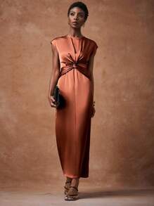 Zivah Robe d'été 2025 pour femmes avec col rond, sans manches, torsadée à la taille, en tissu brillant rouge-brun, convenant pour la fête des Mères, le mariage, l'anniversaire, les occasions décontractées, les vacances, le style de rue, les tenues élégantes et les tenues de bureau - Taupe - Voir 4