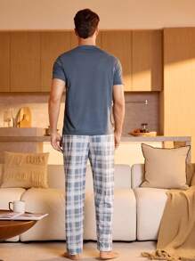 Manfinity Underwear&Sleepwear Basics Men's Plaid Short Sleeve And Long Pants Pajama Set - Dusty Blue - View 2