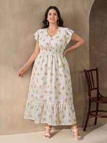 SHEIN Clasi Vestido floral bordado elegante de talla grande para mujer, vestido de verano de talla grande, vestido floral de talla grande para mujer, vestido smocked, vestidos florales para mujer, vestido floral para mujer para cita nocturna, vestido de invitada de boda, vestidos para invitada de boda - Multicolor - Ver 4