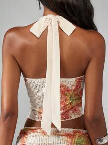 MISSGUIDED Áo crop top cổ yếm đính sequin họa tiết hoa câu lạc bộ khiêu vũ tiệc tối bèo nhún kỳ nghỉ hè bãi biển ngày lễ - Màu be - Xem 7