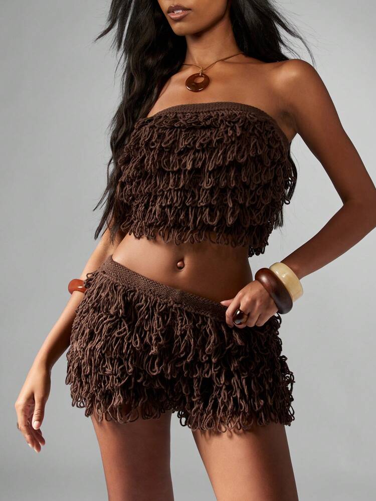 MISSGUIDED Loop Fringe Design Festival Shorts Knit Beach Wear Summer Mini Shorts Party Club Shorts Tassels Hot Pants Vacation Beachwear Resort Wear Textured Shorts Christmas