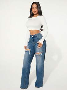 SHEIN SXY Casual Washed Distressed Straight Leg Jeans - Dark Wash - View 4