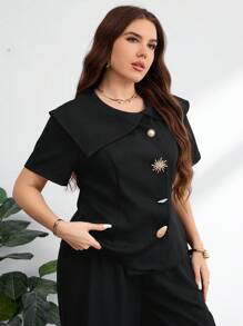 Modelyn 大码女式优雅金属装饰时尚短袖西装外套 - 黑色 - 查看 3