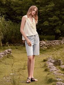 Lumivelle Elegant Flouncing Sleeveless Blouse, Solid Color, Summer - Apricot - View 6