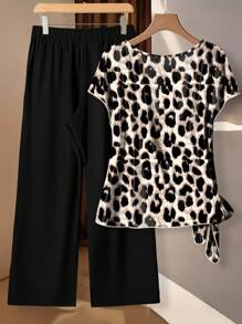SHEIN Clasi 大码女式豹纹蝙蝠袖侧结上衣和裤子两件套