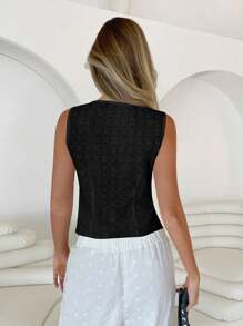 Roylia V领无袖镂空刺绣休闲衬衫 - 黑色 - 查看 2