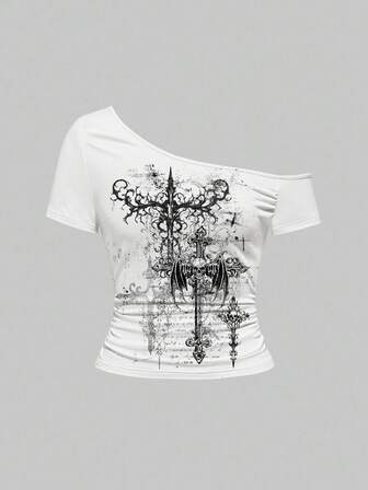 Grunge Punk Retro Punk Street Y2K Tie-Dye Splatter Cross Wings Skull Print Black Asymmetrical Neck Sexy Women T-Shirt