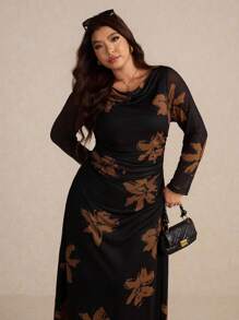 Elaquor Plus Size Women Hooded Tie-Dye Print Long Dress, Fashionable Casual Elegant Loose Dress, Soft Mesh Fabric With High Elasticity, Spring/Summer New,Fall Clothes For Women