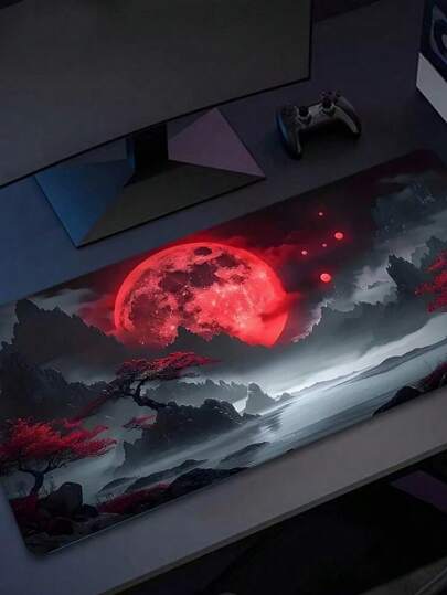 SHEIN 1pc Blood Moon Mouse Pad Aesthetic Design Art Desk Mat Office Desk Accessories With Stitched Edge Non-Slip Mouse Pad Rubber Base Keyboard Pad E-Sports Desk Pad For Office Home Back To School