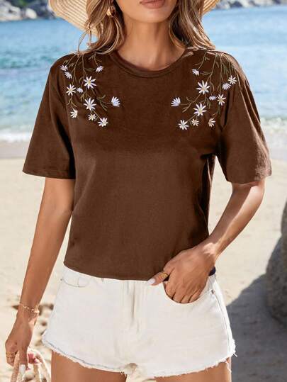 EURMUSE 100%Cotton T-Shirt With Flower Embroidery At Shoulder, Round Collar