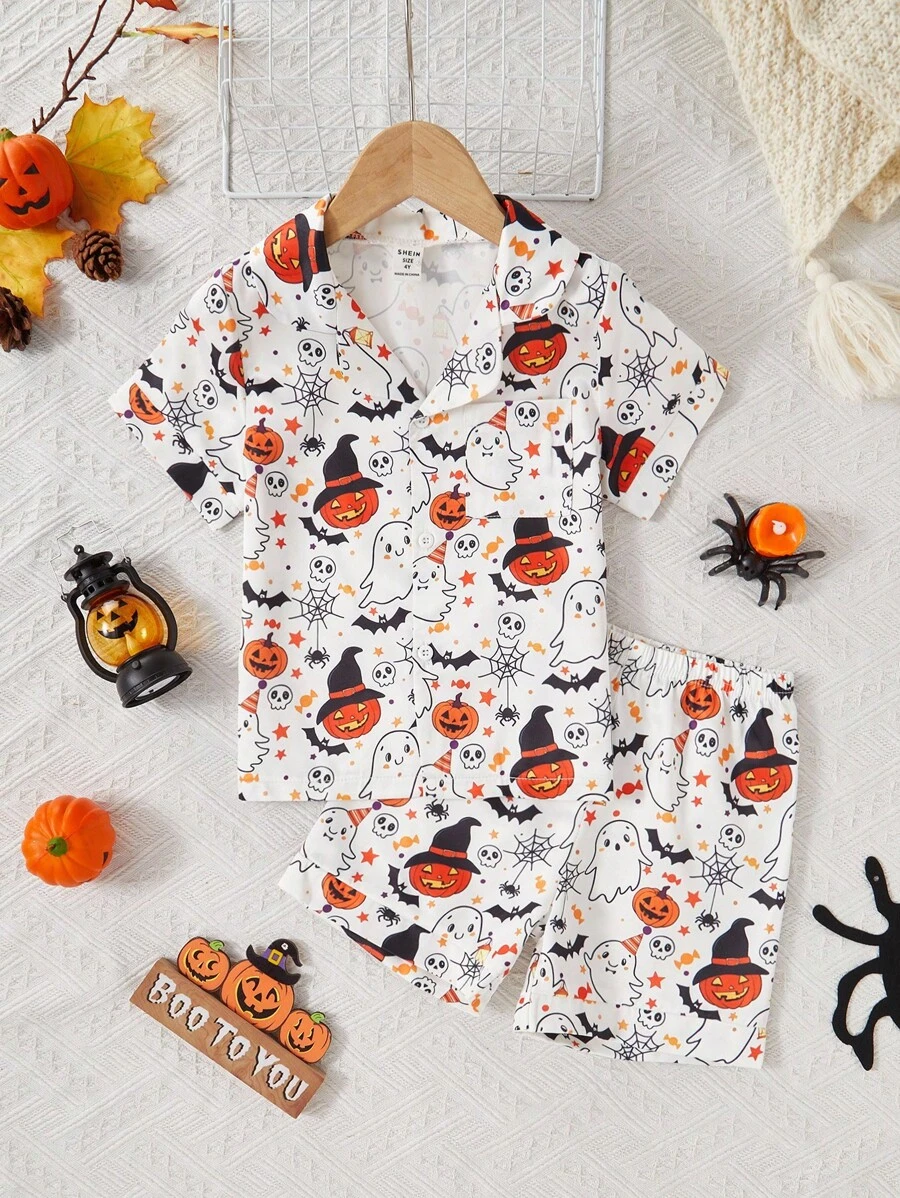 男童休闲时尚万圣节卡通鬼魂和南瓜印花短袖衬衫和短裤睡衣套装
