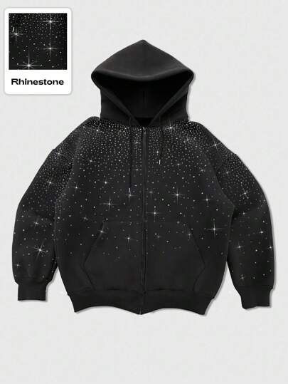Street Life Sudadera con capucha con estampado gráfico y cremallera con piedras rhinestone, diseño unisex, estilo urbano para hombres