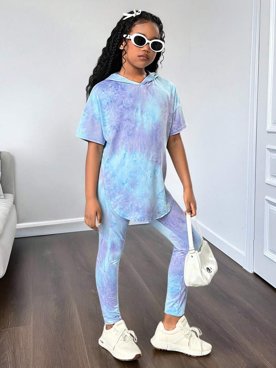 Tween Girl Casual Street Style Tie Dye Hooded Short Sleeve 2 Piece Set ...