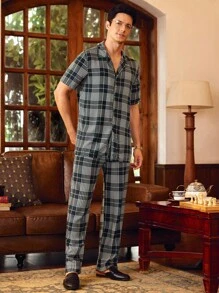 Manfinity Men Plaid Short Sleeve Pajama Set - Green - View 4