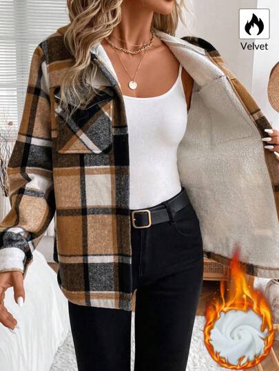 SHEIN LUNE 女士休闲格子保暖连帽常规款外套，女士冬季服装棕色上衣冬装外套，休闲款