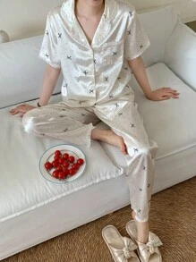 1 套青少年女孩蝴蝶结和波尔卡圆点印花白色短袖开衫和裤子柔软家居服女士睡衣套装纽扣睡衣套装 - 白色 - 查看 2