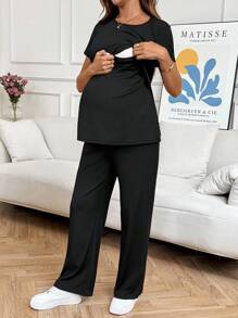 SHEIN 2pcs/Set Solid Color Round Neck Short Sleeve Top And Pants Nursing Suit For Maternity - Black - View 5