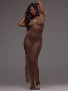 Musera Resort 细肩带露背纹理透视针织修身长裙罩衫沙滩泳装度假夏季假日可爱性感波西米亚风 - 棕色 - 查看 1