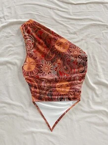Soleia Blusa de hombro con bajo asimétrico con estampado de paisley en forma de sol vintage, apropiada para el estilo de vacaciones de verano