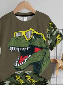 SHEIN 2pcs/Set Young Boy Casual Cartoon Dinosaur Print Round Neck Short Sleeve T-Shirt And Shorts Set, Summer
