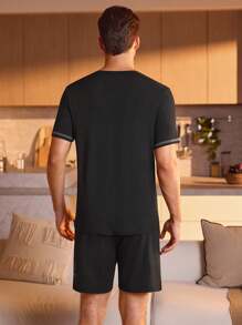 Manfinity Underwear&Sleepwear Basics 男士口号图案撞色边饰睡衣套装/睡衣套装 - 黑色 - 查看 2