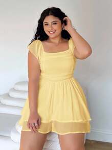Solflare Plus Size Yellow Chiffon Romper, Vacation Style, Spring/Summer - Yellow - View 5