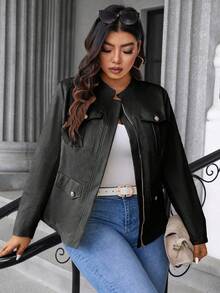 Elenzga 大码女式纯色长袖实用口袋拉链休闲夹克 - 黑色 - 查看 3