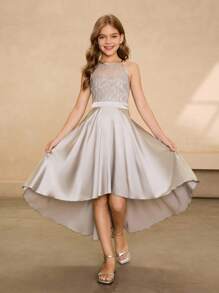 婚礼季女童蕾丝拼接雪纺前短后长高端连衣裙，适合舞会、生日派对、毕业典礼、万圣节的短款礼服 - 灰色 - 查看 4