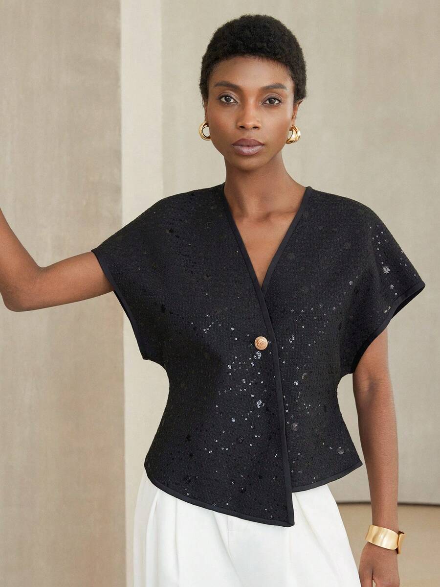 Aveloria Modichic Damen V-Ausschnitt Jacke aus paillettenbesetztem Tweed mit asymmetrischem Schnitt, leichte Blazerjacke - Schwarz - Übersicht 1