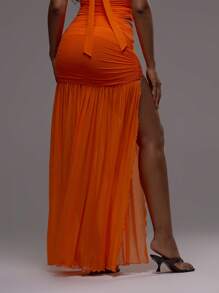 MUSERA 褶皱垂坠极开衩中长裙下装，伊比沙岛性感度假夏季节日沙滩装，浪漫优雅生日婚礼宾客派对嘉年华婚礼派对 - 橘色 - 查看 3