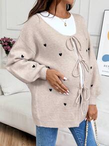 SHEIN Pregnant Women Loose Fit Heart Pattern Drop Shoulder Front Tie Knitted Cardigan,Fall Women Clothes,Fall Outfits Women ,Winter Jacket Women - Khaki - View 1