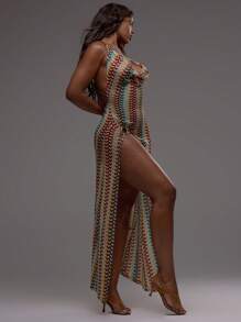 Musera Resort 钩针编织高领露背修身开衩环饰长款罩衫连衣裙，适合沙滩、泳装、性感波西米亚风节日、假日、夏季度假、可爱优雅的伊比沙条纹春季狂欢节 - 彩色 - 查看 4