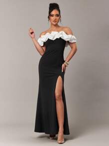 Silquee Vestido de mujer con abertura alta y hombros descubiertos en contraste - Negro - Ver 5