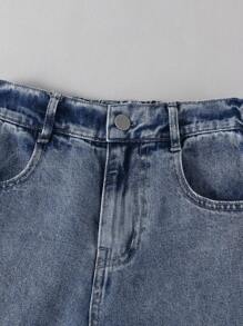 SHEIN Tween Girls Y2K 风格复古深色洗水做旧破洞阔腿牛仔裤，面料柔软舒适，时尚百搭街头风格，女童牛仔布 - 深色水洗藍 - 查看 7