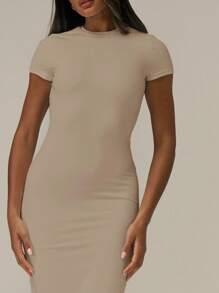 MUSERA ESSENTIALS 柔软如黄油般的短袖修身中长连衣裙，基础款休闲夏季可爱白色连衣裙，适合女士假日、秋季、冬季、圣诞节、新年派对 - 卡其色 - 查看 5