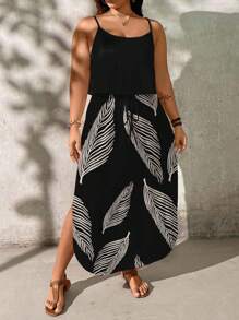 EMERY ROSE Summer Vacation Plus Size Dress With Almond Leaf Print, Suitable For Holiday Boho Suitable For Going Out,Holiday Outfits For Women - Multicolor - View 4
